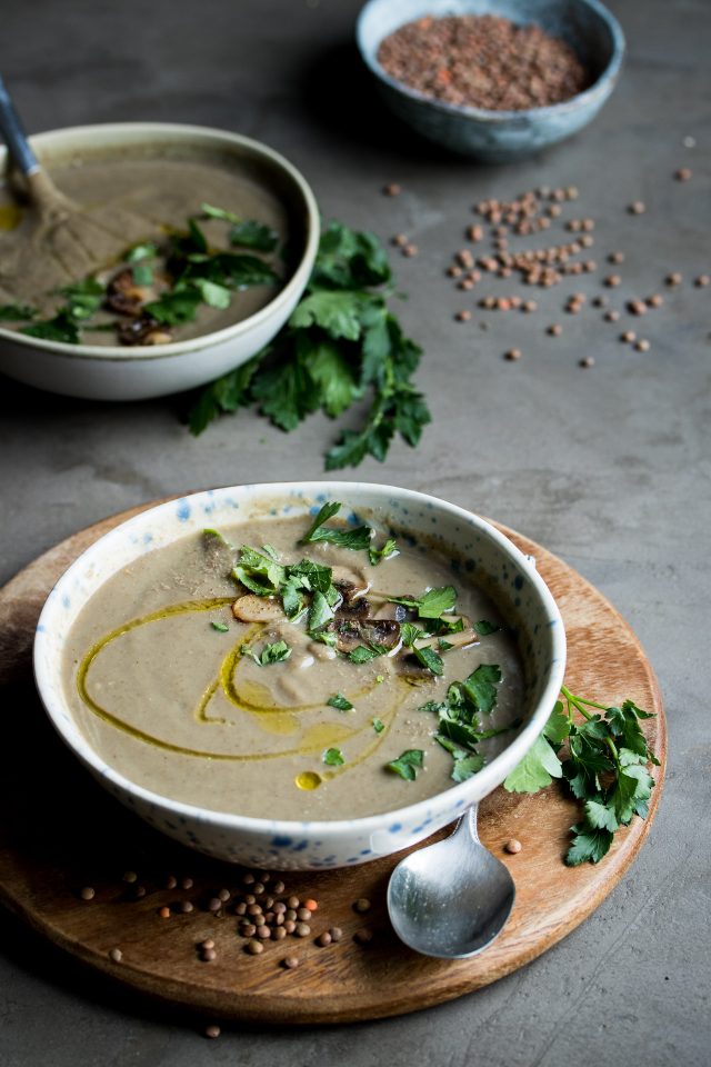 A rich, vegan lentil mushroom soup with miso paste. A really delicious, hearty lunch that's packed with beautiful flavours!