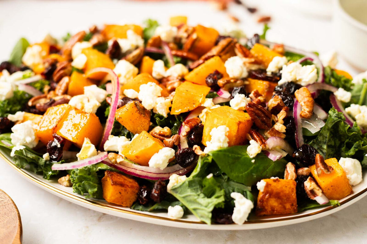 Roasted Butternut Squash Salad on a white platter.